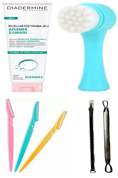 Diadermine Blue Facial Cleansing Brush - 3-Pack Eyebrow Razor, 2-Pack Comedone - Softness & Qax Face Wash