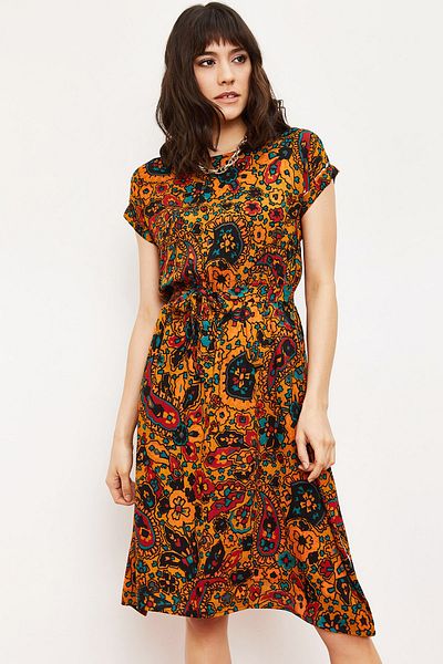 Bianco Lucci Women's Yellow Short Sleeve Ethnic Pattern Midi Dress with Elastic Waist