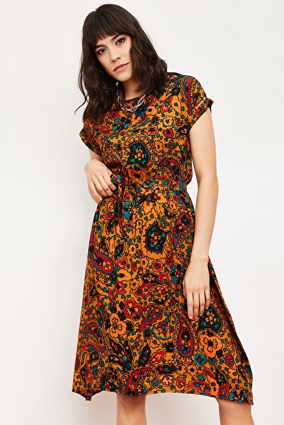 Bianco Lucci Γυναικείο Μίντι Φόρεμα με κοντομάνικο έθνικ σχέδιο με λάστιχο στη μέση