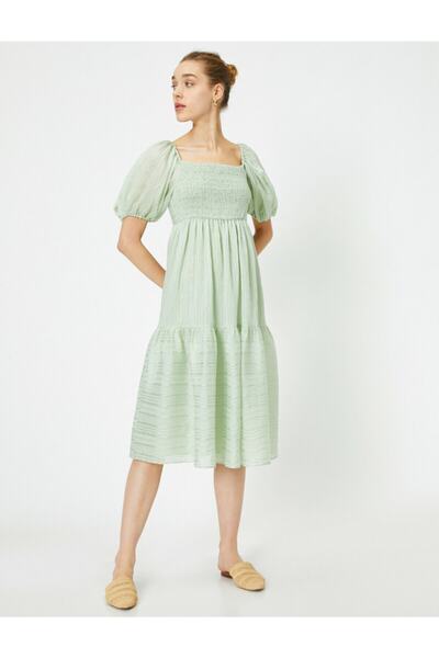 Koton Mintgrünes Baumwollkleid mit Wassermelonenärmeln und U-Ausschnitt für D...