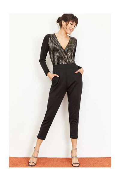 Bianco Lucci Women's Gold Black Double Breasted Collar Sequin Detail Jumpsuit