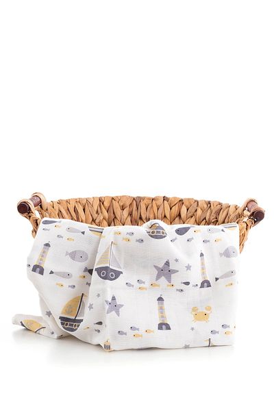 Caline Baby Muslin Cloth Cover Ship Pattern - Yellow 90x75 Cm + 2 Mouth Wipes