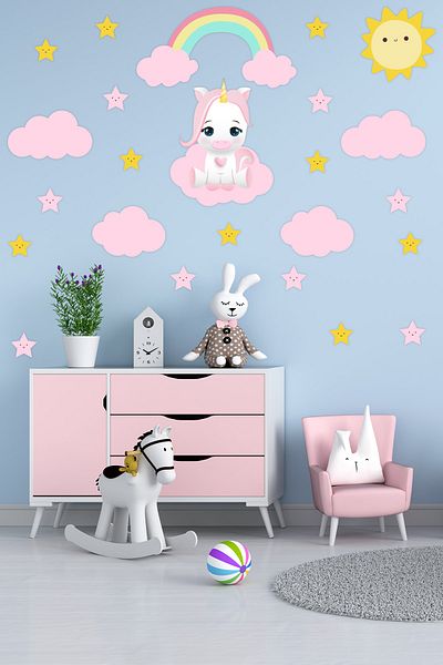 Tilki Dünyası Pink Cute Unicorn 2 Stars Pink Clouds Kids Room Sticker