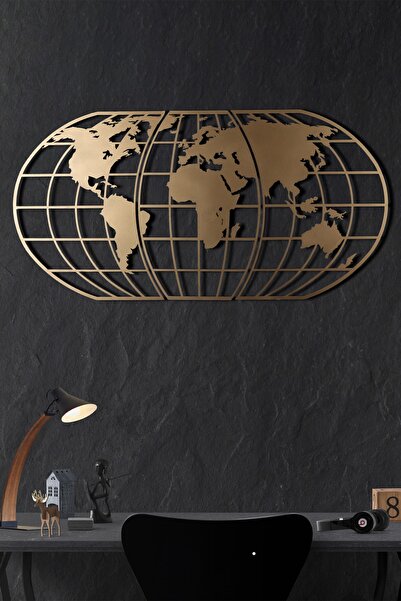 Bystag Dekoratif Metal Duvar Aksesuarı Dünya Haritası Globe Gold