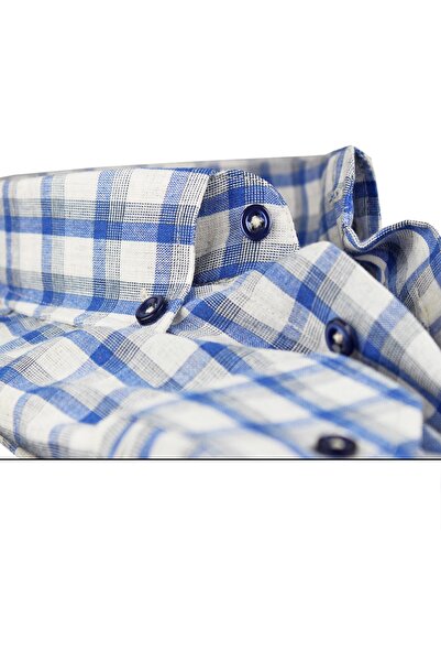 Varetta Мъжка тъмносиня риза с дълъг ръкав, яка с копчета и един джоб, карирана, класическа кройка, 100% памучен каре