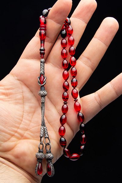 OTTOTESBİH 7x11mm Silver Kazaz Tasseled - Red Black Color Filtered Fire Amber Prayer Beads