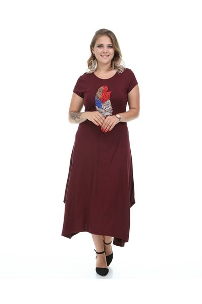 MJORA Rochie de damă cu broderie cu frunze de burgundă mărime mare