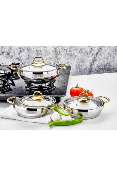 ÖZLİFE 6 Parça Ada Gold Çelik Tencere Omlet Sahan Seti