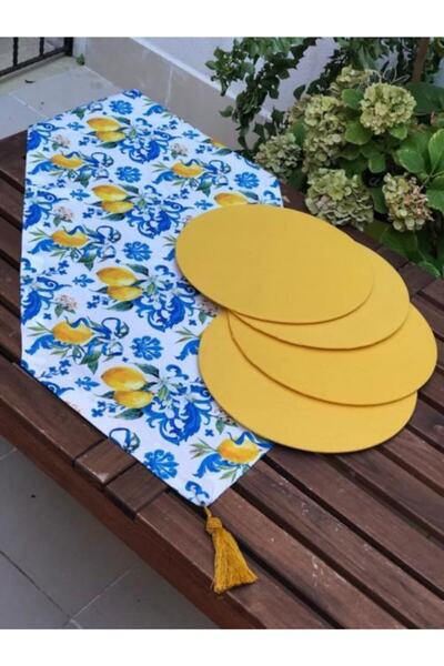Çengelli İğne Barok Limon Desenli Runner + 4 Adet Sarı Supla Set