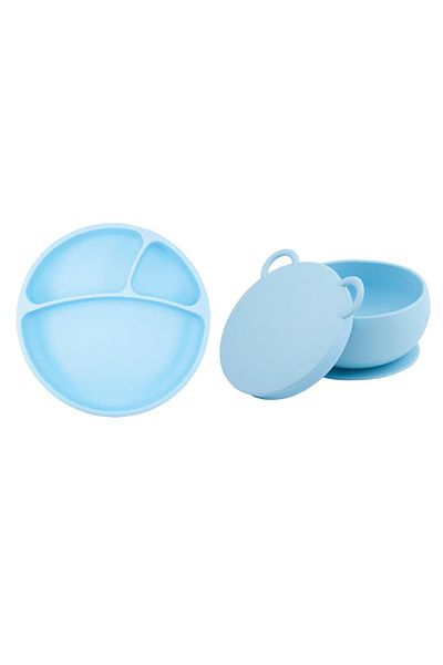 OiOi Portion Vacuum Plate + Bowl with Lid Blue