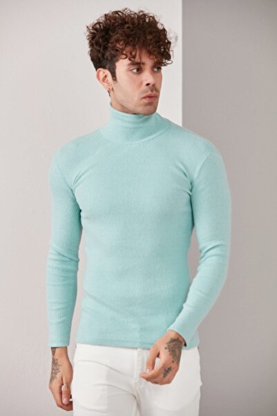 CATSPY Men's Blue Lycra Turtleneck Sweater
