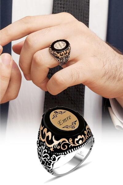 ALYANSEVİM Plaka Isimli Siyah Onix Taşlı 925 Gümüş Erkek Yüzük