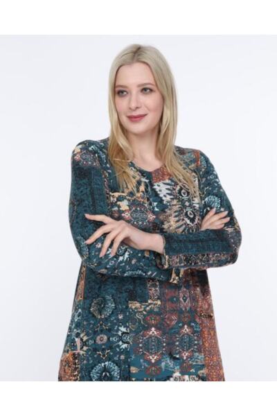 Mezura Γυναικείο φόρεμα με μπλε πράσινο έθνικ σχέδιο σε μεγάλο μέγεθος