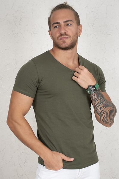 DeepSEA Ανδρικό μπλουζάκι Χακί - V-λαιμόκοψη, Lycra, Slim Fit 1801165