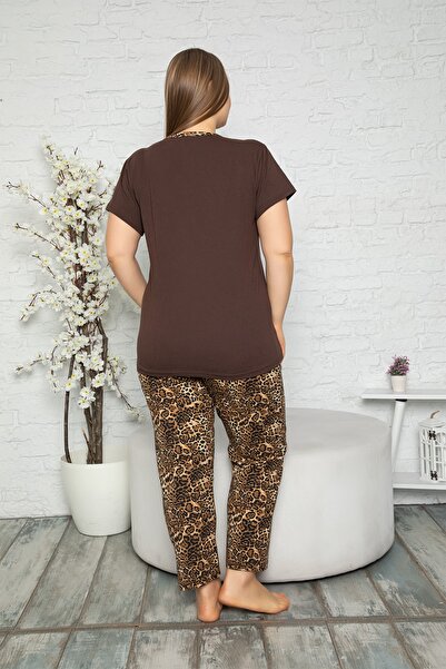 MyBen Büyük Beden Bisiklet Yaka Leopar Desenli Kısa Kollu Battal Beden Pijama Takımı 16137