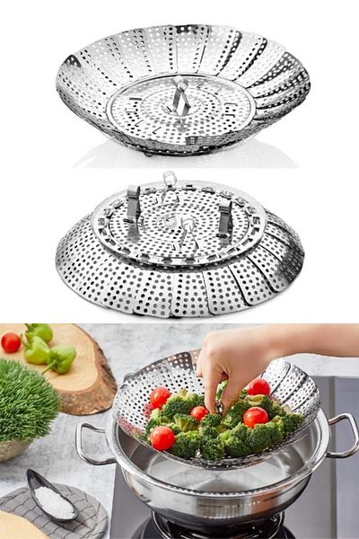 QNİAY Stainless Steel Julienne Peeler + Foldable Steaming Vegetable Boiling Cooking Apparatus (Set of 2)