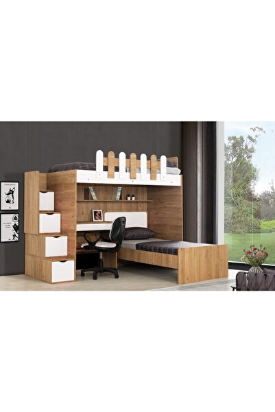 Güven Mobilya Okyanus Ceviz Beyaz Karyolalı Çalışma Masalı Ranza Takım 90*190
