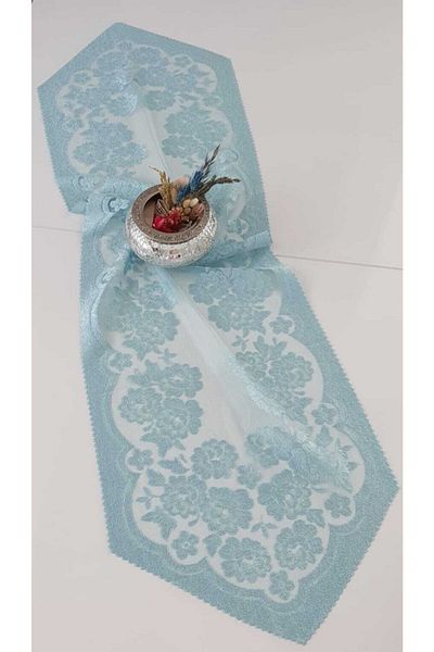 WENESSİ Husa Runner din Tulle Tricotat Buchet Trandafir Albastru 40*140