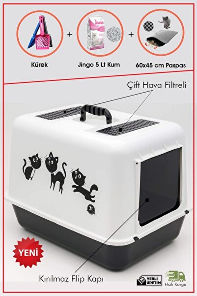 Çiftsan Hediye Kürek, Kapalı Kedi Tuvalet Kabı 54,5 X 39,5 X 39 Kırılmaz Kapak, 5 Lt Kum Ve 60x 45 Cm Paspas