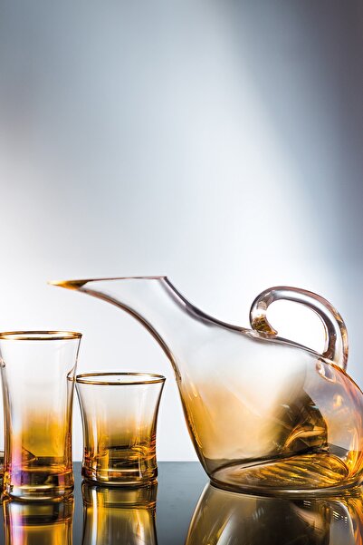 KCD Soprano Sarı Kesme El Dekor Yaldızlı Desenli Cam Karaf Sürahi