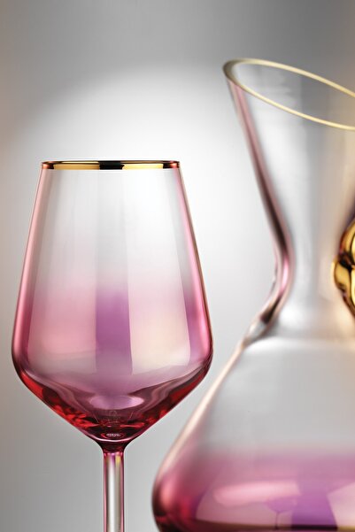 KCD Bolero Pembe Kesme El Dekor Yaldızlı Desenli Cam 6 Adet Ayaklı Bardak Kadeh