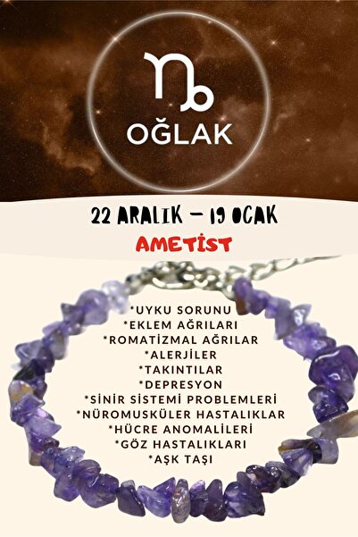 Gümüştel Sertifikalı Burç Taşı Oğlak Burcu Ametist Taşı Bileklik