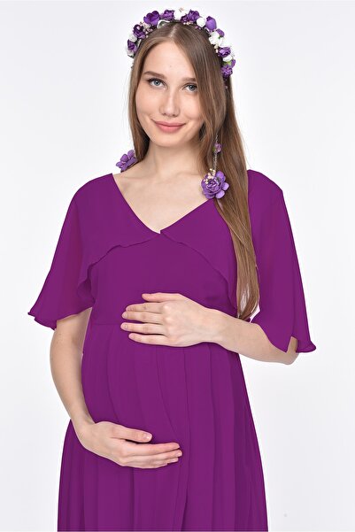 MODA LABİO Melek Kol Kısa Hamile Elbisesi Mor