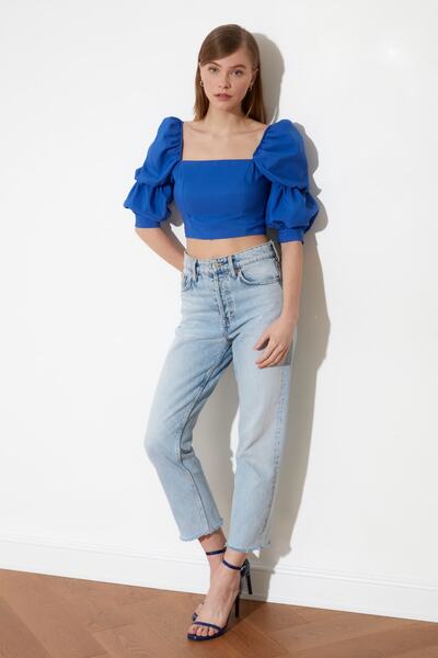 Trendyol Collection Indigo Crop ballon ujjú, négyzet alakú nyakú szőtt blúz TWOSS19XB0036