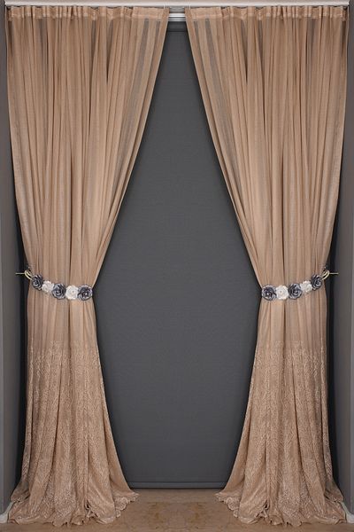 AKÇA TEKSTİL Small Leaf Model Mink Color Single Wing Ready Planted Pleated Background Curtain 300*260 Cm