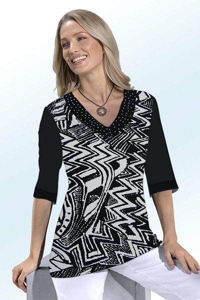 Nurteks Women's Black and White V-Neck Jewelled Three-Quarter Sleeve Blouse