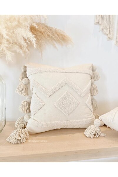Hestia Home Kırlent El Yapımı Punch Işi Dekoratif Püsküllü Yastık Kılıfı Krem