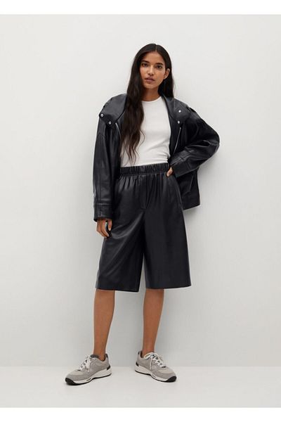 MANGO Woman Women's Black Leather Look Bermuda Shorts