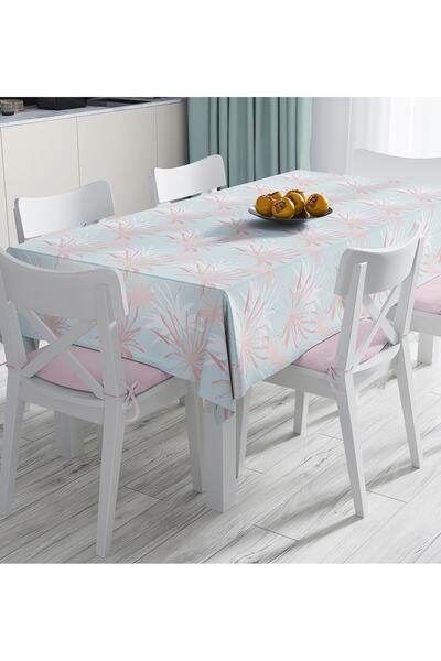 Realhomes Față de masă imprimată digital cu motiv de frunze albe și roz pe fundal colorat