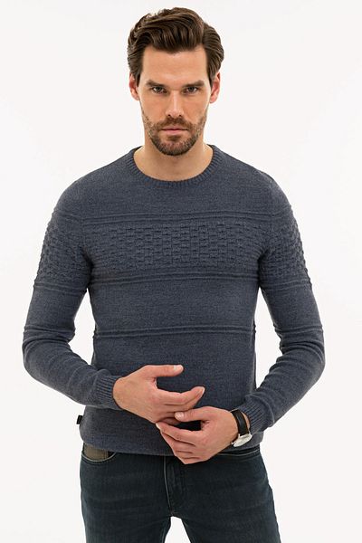Pierre Cardin Ανδρικό πλεκτό πουλόβερ μπλε Slim Fit Crew Neck