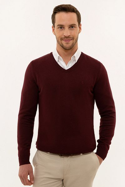 Pierre Cardin Men's Claret Red Slim Fit V-neck Basic Knitwear Sweatshirt