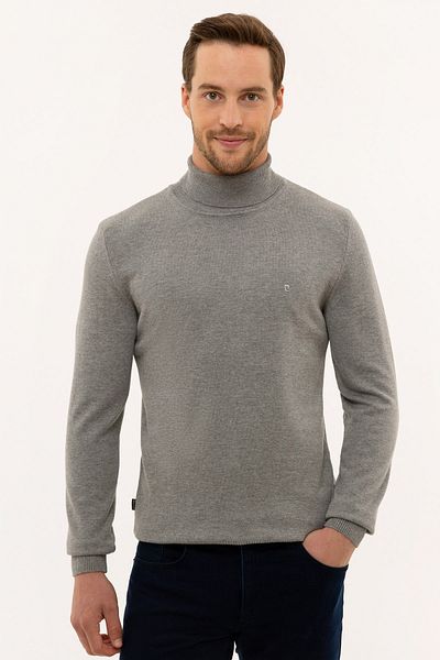 Pierre Cardin Men's Gray Melange Slim Fit Full Turtleneck Basic Knitwear Sweater