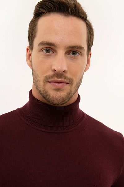 Pierre Cardin Men's Claret Red Slim Fit Full Turtleneck Basic Knitwear Sweater