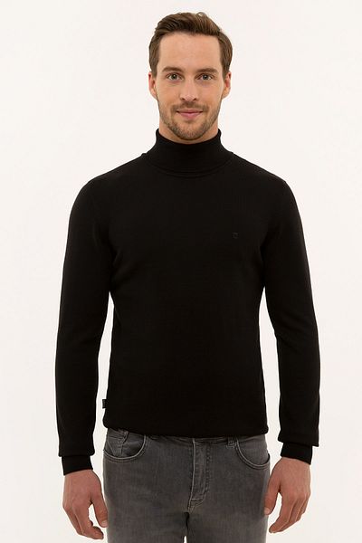 Pierre Cardin Ανδρικό Μαύρο Slim Fit Ολόκληροι Γιακάς Βασικό Πλεκτό Πουλόβερ