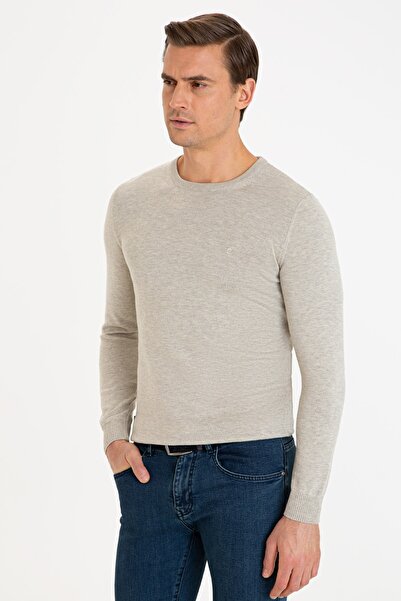 Pierre Cardin Erkek Kum Melanj Slim Fit Bisiklet Yaka Basic Triko Kazak