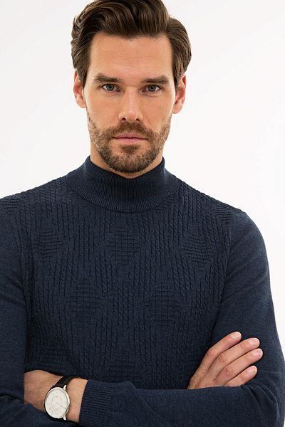 Pierre Cardin Ανδρικό πλεκτό πουλόβερ με μπλε μελανζέ Slim Fit μισό ζιβάγκο