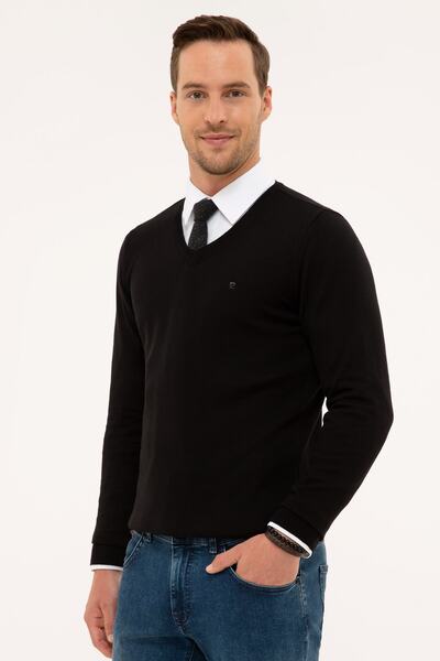 Pierre Cardin Ανδρικό πουλόβερ με μαύρη λεπτή εφαρμογή V-λαιμόκοψη Βασικό πλεκτό G021SZ0TK.0001171062