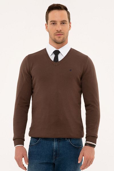 Pierre Cardin Мъжки кафяв тънък пуловер с V-образно деколте G021sz0tk.0001171062