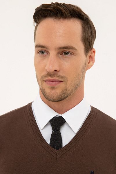 Pierre Cardin Мъжки кафяв тънък пуловер с V-образно деколте G021sz0tk.0001171062