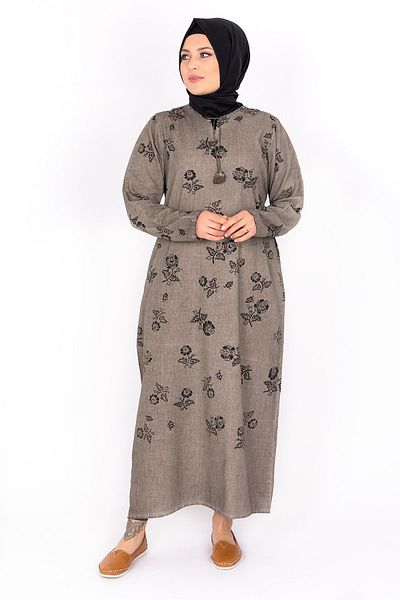 Kardelen Butik Ümraniye Long Sleeve Sile Cloth Dress - Light Brown