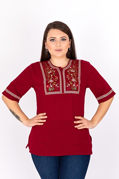 Kardelen Butik Ümraniye بلوزة نسائية من قماش Şile بأكمام قصيرة باللون الأحمر ...