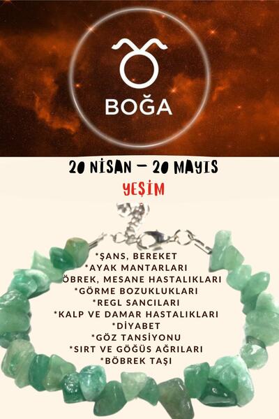 Gümüştel Sertifikalı Burç Taşı Boğa Burcu Yeşim Taşı Bileklik