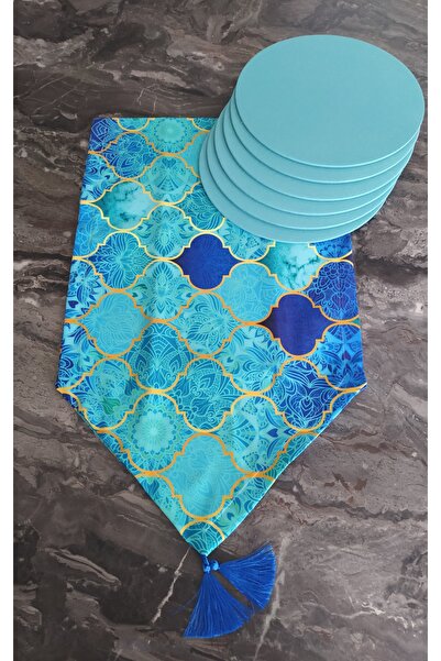 dehaberk Motifli Turkuaz Moroccan Desenli Runner+ 6 Adet Turkuaz Amerikan Ser...