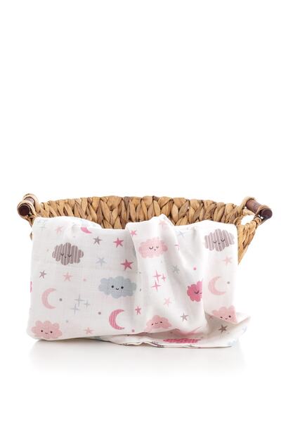 Caline Baby Muslin Cloth Cover Cloud Pattern - Pink 120x120 Cm + 4 Mouth Wipes