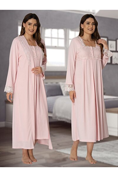 kaktüslohusa طقم ثوب نوم للحوامل بأكمام طويلة من الدانتيل الوردي من Freya Effort