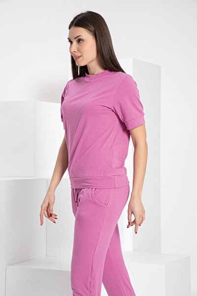 MyBen Lilac Colored Pocketed Short Sleeve Crew Neck Tracksuit Set 2022-2199